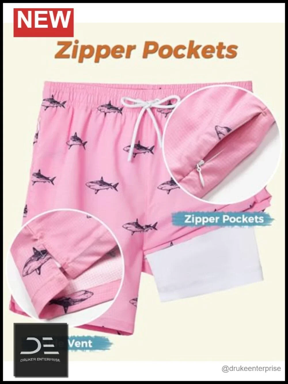Men's Swim Trunks with Compression Liner Board Shorts Zipper Pockets